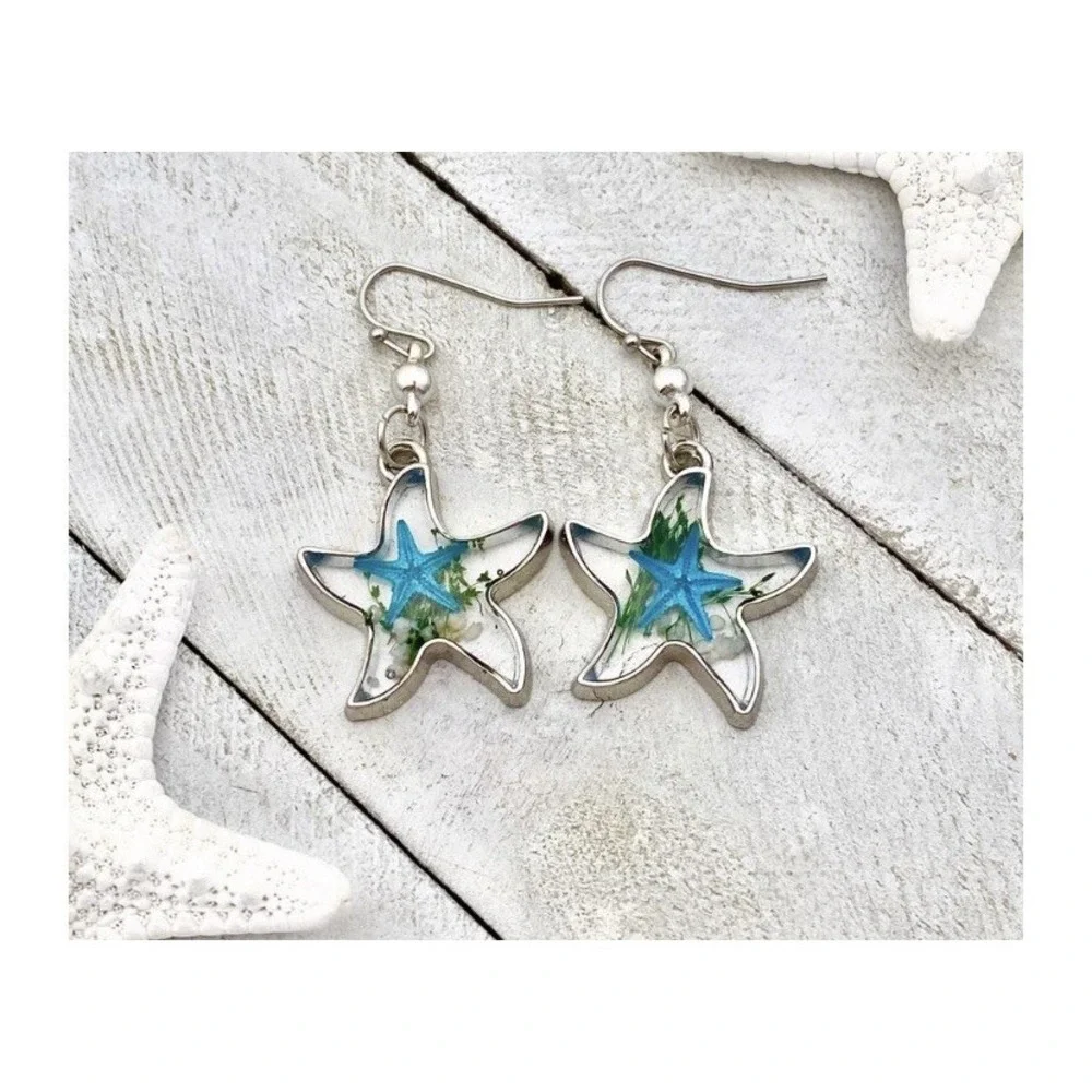 Deep in the Ocean Starfish Earrings‎ Dangle Drop Beach Lover Gift Silver Tone